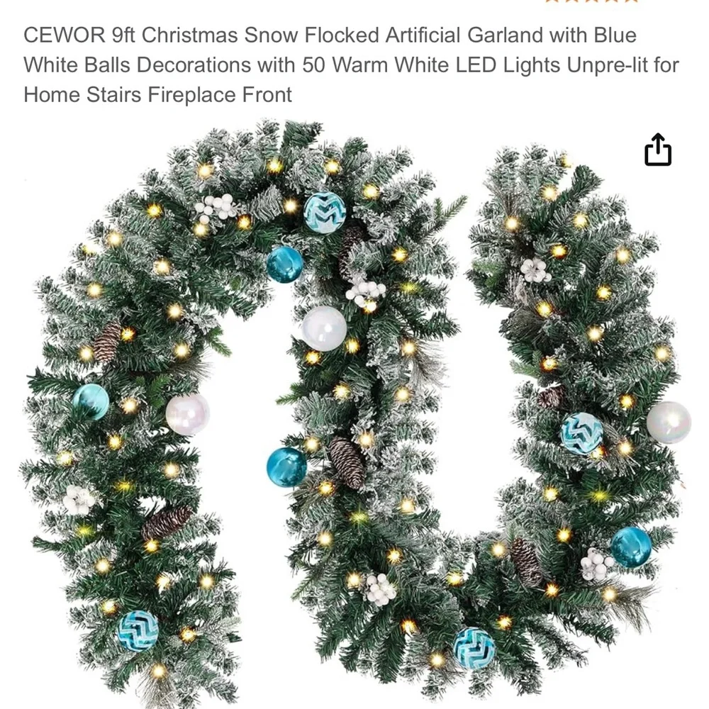 Beautiful 9’ pre-lit Christmas garland with blue and white balls